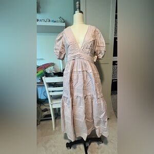 Listicle Pale Dusty Pink Pleated Puff Sleeve Plunge Midi Dress